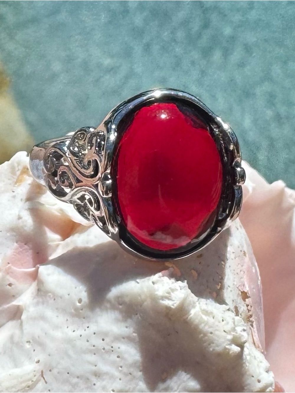 Vintage-Inspired Silver Tone Red Cabochon Statement Ring | Ornate Filigree